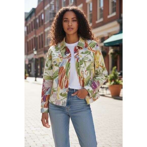 Chicos Floral Tropical Hawaiian Print Linen Blend Button Up Jacket Size 1 - Picture 1 of 11